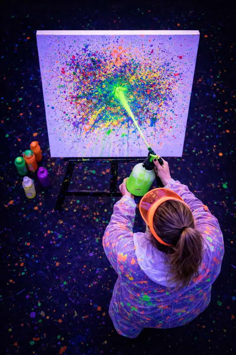 Neon Action Painting Materialien beim JGA Workshop Let’s Glow Crazy in Hamburg von Brain2Canvas